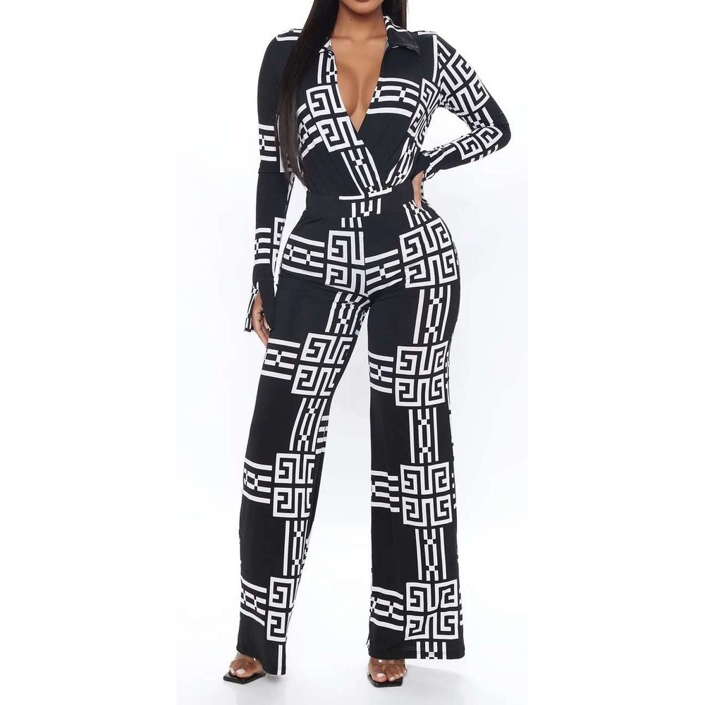 Fashion Nova Womens Black White Geometric Greek Key Bodysuit Pant Set L 1585